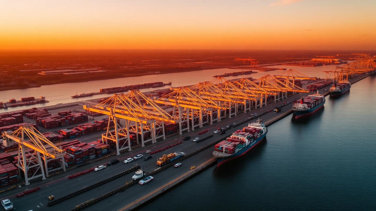 Puerto marítimo al atardecer con grúas y buques portacontenedores